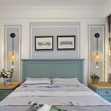 Wall Sconces Set of Two Black and Brass Gold 🔥🔥🔥 Plug in Wall Sconces Set of 2 with Globe Amber Glass Shade Wall Lights Wall Lamps for Bedrooms Sconces Wall Decor Set of 2 with Plug in Cord Switch