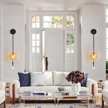 Wall Sconces Set of Two Black and Brass Gold 🔥🔥🔥 Plug in Wall Sconces Set of 2 with Globe Amber Glass Shade Wall Lights Wall Lamps for Bedrooms Sconces Wall Decor Set of 2 with Plug in Cord Switch