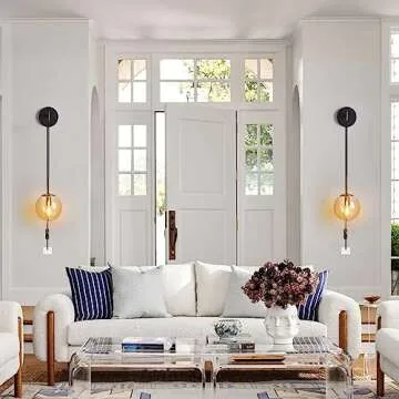 Wall Sconces Set of Two Black and Brass Gold 🔥🔥🔥 Plug in Wall Sconces Set of 2 with Globe Amber Glass Shade Wall Lights Wall Lamps for Bedrooms Sconces Wall Decor Set of 2 with Plug in Cord Switch