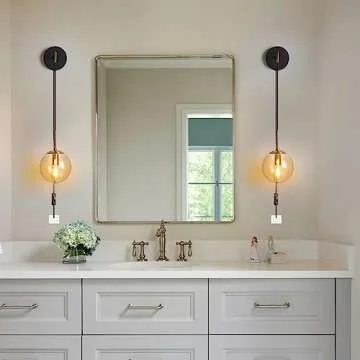 Wall Sconces Set of Two Black and Brass Gold 🔥🔥🔥 Plug in Wall Sconces Set of 2 with Globe Amber Glass Shade Wall Lights Wall Lamps for Bedrooms Sconces Wall Decor Set of 2 with Plug in Cord Switch