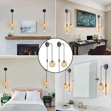 Wall Sconces Set of Two Black and Brass Gold 🔥🔥🔥 Plug in Wall Sconces Set of 2 with Globe Amber Glass Shade Wall Lights Wall Lamps for Bedrooms Sconces Wall Decor Set of 2 with Plug in Cord Switch