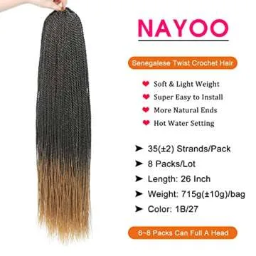 NAYOO Senegalese Twist Crochet Hair - 8 Packs 26 Inch Crochet Hair For Black Women, 35 Strands/Pack Small Twist Crochet Braids Hair Hot Water Setting, Pre-Looped Crochet Braiding Hair(26 Inch, 1B/27)