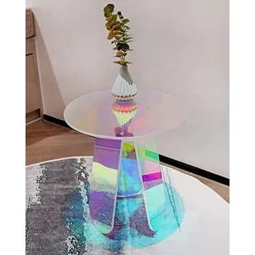Acrylic Rainbow Color Coffee Table, Iridescent Glass End Table Round Side Table Modern Accent TV Table for Living Bed Room Decoration