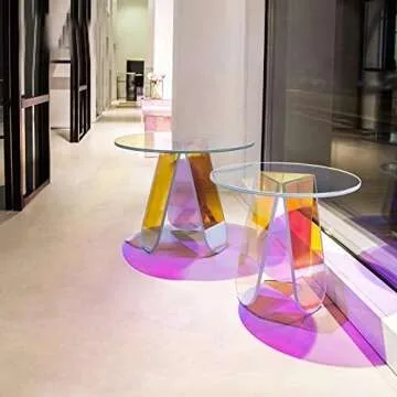 Acrylic Rainbow Color Coffee Table, Iridescent Glass End Table Round Side Table Modern Accent TV Table for Living Bed Room Decoration