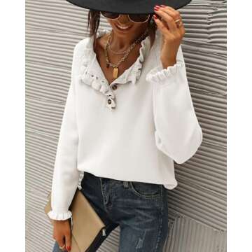 BTFBM Womens Sweaters Fall Winter Clothes 2025 Long Sleeve Button Down Ruffle Crew Neck Casual Knitt...