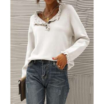 BTFBM Womens Sweaters Fall Winter Clothes 2025 Long Sleeve Button Down Ruffle Crew Neck Casual Knitted Pullover Tops(Solid White, Medium)