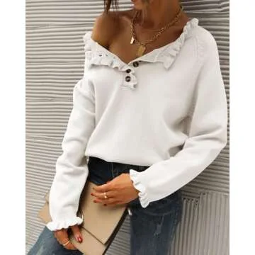 BTFBM Womens Sweaters Fall Winter Clothes 2025 Long Sleeve Button Down Ruffle Crew Neck Casual Knitted Pullover Tops(Solid White, Medium)