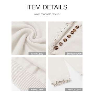 BTFBM Womens Sweaters Fall Winter Clothes 2025 Long Sleeve Button Down Ruffle Crew Neck Casual Knitted Pullover Tops(Solid White, Medium)