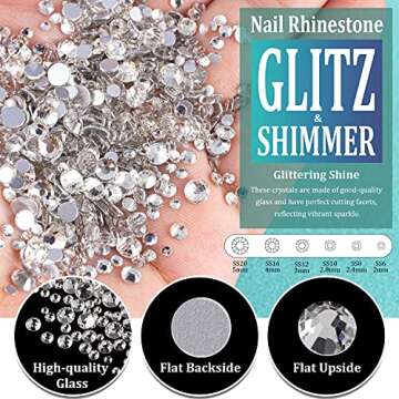 3440pcs 6 Sizes Transparent White and AB Glass Crystal Kit with Pickup Pen + Tweezer Tools for Iridescent Shine Nail Art Manicure Makeup DIY Deco Flatback Round Bead Rhinestone Gem Jewelry Diamond