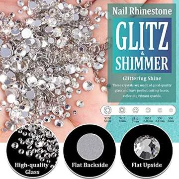 3440pcs 6 Sizes Transparent White and AB Glass Crystal Kit with Pickup Pen + Tweezer Tools for Iridescent Shine Nail Art Manicure Makeup DIY Deco Flatback Round Bead Rhinestone Gem Jewelry Diamond