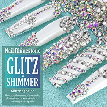 3440pcs 6 Sizes Transparent White and AB Glass Crystal Kit with Pickup Pen + Tweezer Tools for Iridescent Shine Nail Art Manicure Makeup DIY Deco Flatback Round Bead Rhinestone Gem Jewelry Diamond