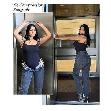 SHAPERX Women's Scoop Neck No Compression Bodysuit - Fit Everybody, Black, SZ5248