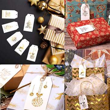 Whaline 120 Pcs Christmas Gold Foil Paper Gift Tags Holiday Hang Name Tags Label with Twine for DIY Xmas Present Happy New Year Party Decoration