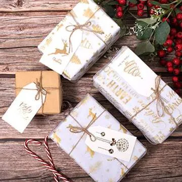 Whaline 120 Pcs Christmas Gold Foil Paper Gift Tags Holiday Hang Name Tags Label with Twine for DIY Xmas Present Happy New Year Party Decoration