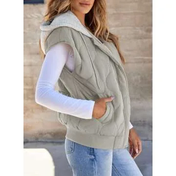 EVALESS Quilted Puffer Vests for Women 2024 Fall Winter Trendy Fashion Casual Sleeveless Vests with Pockets Grey Medium