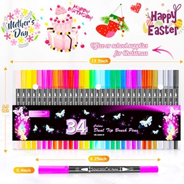 Soucolor 34 Dual-Tip Brush Markers for Art & Calligraphy