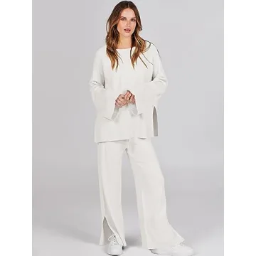 ANRABESS Womens 2 Piece Outfits Oversized Knit Sweater Set Wide Leg Pant Cozy Lounge Matching Pajama Sets 2024 Trendy Clothes White Medium