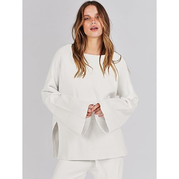 ANRABESS Womens 2 Piece Outfits Oversized Knit Sweater Set Wide Leg Pant Cozy Lounge Matching Pajama Sets 2024 Trendy Clothes White Medium