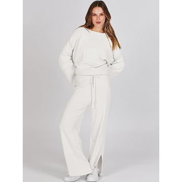 ANRABESS Womens 2 Piece Outfits Oversized Knit Sweater Set Wide Leg Pant Cozy Lounge Matching Pajama Sets 2024 Trendy Clothes White Medium