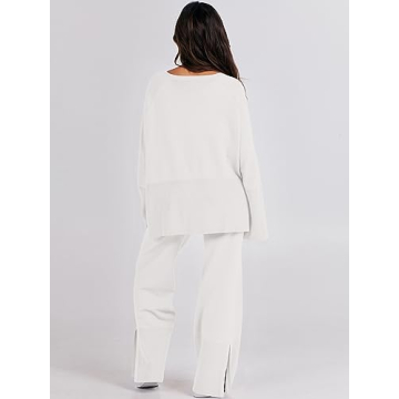 ANRABESS Womens 2 Piece Outfits Oversized Knit Sweater Set Wide Leg Pant Cozy Lounge Matching Pajama Sets 2024 Trendy Clothes White Medium