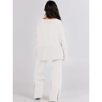 ANRABESS Womens 2 Piece Outfits Oversized Knit Sweater Set Wide Leg Pant Cozy Lounge Matching Pajama Sets 2024 Trendy Clothes White Medium