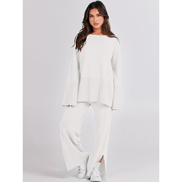 ANRABESS Womens 2 Piece Outfits Oversized Knit Sweater Set Wide Leg Pant Cozy Lounge Matching Pajama Sets 2024 Trendy Clothes White Medium