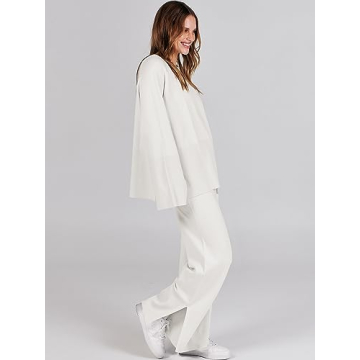 ANRABESS Womens 2 Piece Outfits Oversized Knit Sweater Set Wide Leg Pant Cozy Lounge Matching Pajama Sets 2024 Trendy Clothes White Medium