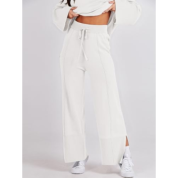 ANRABESS Womens 2 Piece Outfits Oversized Knit Sweater Set Wide Leg Pant Cozy Lounge Matching Pajama Sets 2024 Trendy Clothes White Medium