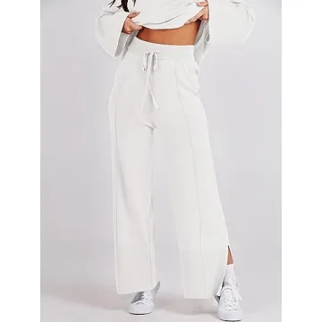 ANRABESS Womens 2 Piece Outfits Oversized Knit Sweater Set Wide Leg Pant Cozy Lounge Matching Pajama Sets 2024 Trendy Clothes White Medium