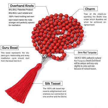 BALIBALI 108 Mala Beads Necklace Semi-Precious Gem Stones Meditation Necklace 108 Hand Knotted Japa ...