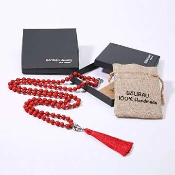 BALIBALI 108 Mala Necklace Handmade Red Howlite Gemstones