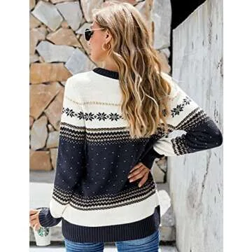 LookbookStore Women Winter Funny Holiday Knit Sweaters for Women Crewneck Long Sleeves Ugly Christmas Snowflake Navy Knit Sweater Pullover Tops Size Medium