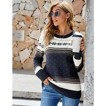 LookbookStore Women Winter Funny Holiday Knit Sweaters for Women Crewneck Long Sleeves Ugly Christmas Snowflake Navy Knit Sweater Pullover Tops Size Medium