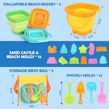 Dreamon Beach Toys for Kids 3-10, Collapsible Sand Toys Include 3 Pack Foldable Buckets with Mesh Ba...