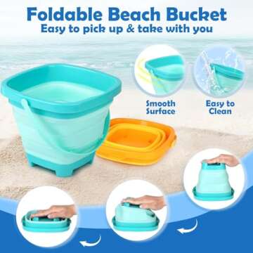Dreamon Beach Toys for Kids 3-10, Collapsible Sand Toys Include 3 Pack Foldable Buckets with Mesh Bag, 24 PCS Beach Mold and Shovels Molds, Travel Sandbox Beach Toys for Toddler