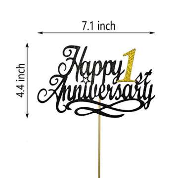 Happy 1st Anniversary Cake Topper - 1st Wedding & Company Anniversary, First Birthday Party Decoration, Double-sided Black Glitter