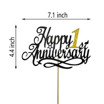 Happy 1st Anniversary Cake Topper - 1st Wedding & Company Anniversary, First Birthday Party Decoration, Double-sided Black Glitter