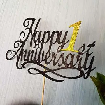 Happy 1st Anniversary Cake Topper - 1st Wedding & Company Anniversary, First Birthday Party Decoration, Double-sided Black Glitter