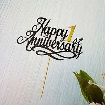 Happy 1st Anniversary Cake Topper - 1st Wedding & Company Anniversary, First Birthday Party Decoration, Double-sided Black Glitter