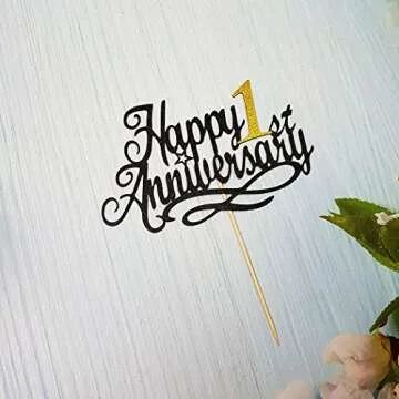 Happy 1st Anniversary Cake Topper - 1st Wedding & Company Anniversary, First Birthday Party Decoration, Double-sided Black Glitter