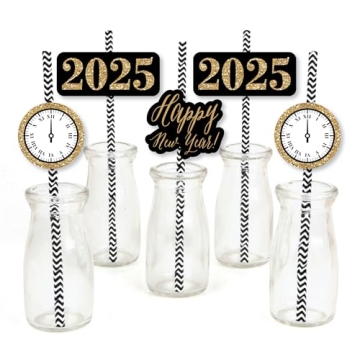 Big Dot of Happiness 2025 New Year's Eve Paper Straw Decor, Gold 2025 New Years Eve Party Supplies, ...