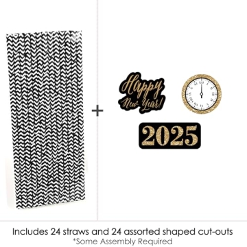 Big Dot of Happiness 2025 New Year's Eve Paper Straw Decor, Gold 2025 New Years Eve Party Supplies, Striped Decorative NYE Straws, 2025 Straw Decorations, Set of 24