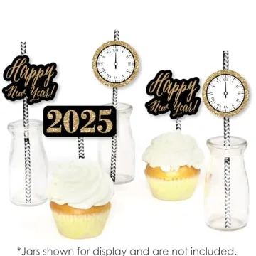 Big Dot of Happiness 2025 New Year's Eve Paper Straw Decor, Gold 2025 New Years Eve Party Supplies, Striped Decorative NYE Straws, 2025 Straw Decorations, Set of 24