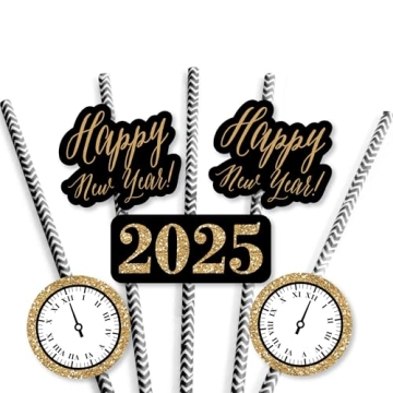 Big Dot of Happiness 2025 New Year's Eve Paper Straw Decor, Gold 2025 New Years Eve Party Supplies, Striped Decorative NYE Straws, 2025 Straw Decorations, Set of 24
