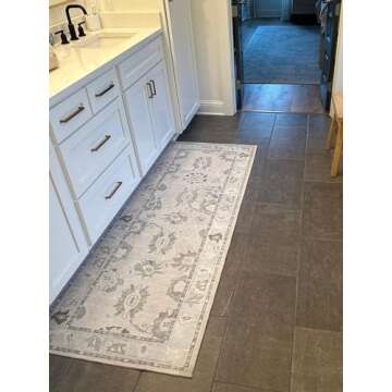 Cream Beige Oushak Rug, Modern Small Rugs, Vintage, Turkish, Eclectic, Floral, Pastel, Washable, Door Mat, Doormat for Indoor Entrance, Entryway, Kitchen, Bathroom, Bedroom, Laundry, 2'x3'