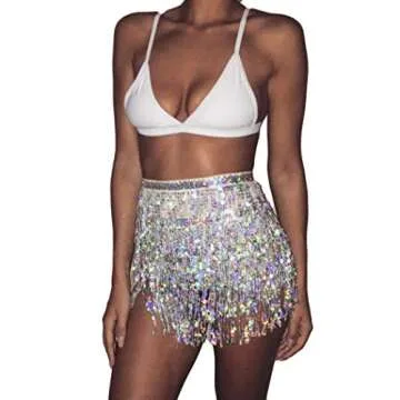 Women's Summer Beach Wrap Sequins Tassel Mini Skirts Music Festival Hip Scarf Skirt (Silver, One Siz...