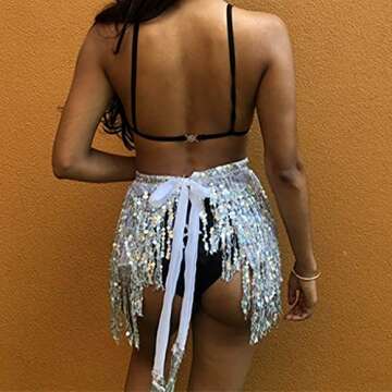 Women's Summer Beach Wrap Sequins Tassel Mini Skirts Music Festival Hip Scarf Skirt (Silver, One Size)