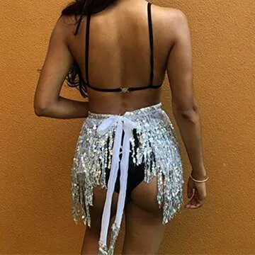 Women's Summer Beach Wrap Sequins Tassel Mini Skirts Music Festival Hip Scarf Skirt (Silver, One Size)