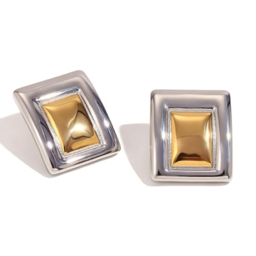 Chunky Gold Rectangle Earrings for Women Gold Silver Two Tone Statement Trendy Geometric Earring Chu...