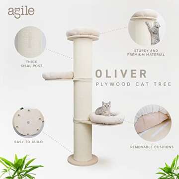 AGILE 74" Tall Wood Cat Tower Tree Wall Anchored with Sisal Scratching Climbing Posts (Oliver)